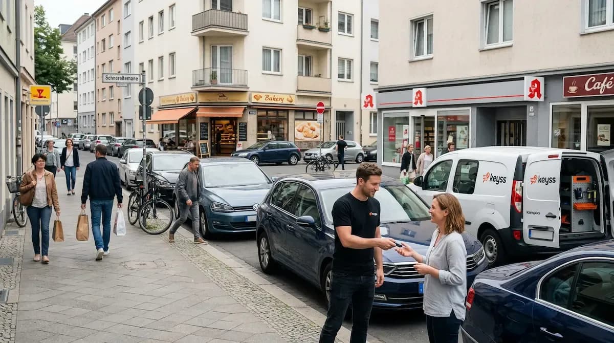 KEYSS Techniker hilft Kunden auf einer typischen deutschen Straße beim Autoschlüssel-Service vor Ort mit mobilem Ersatzschlüssel-Service und Fahrzeugprogrammierung